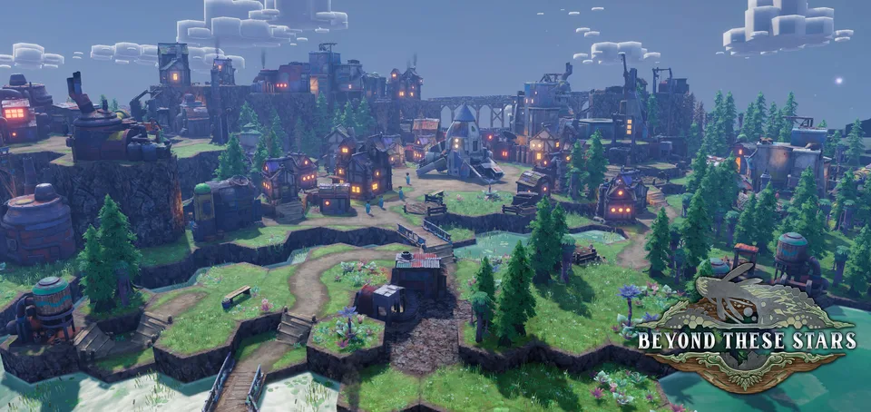 Official Beyond These Stars key art of a Peep settlement on floating hex islands with the game logo