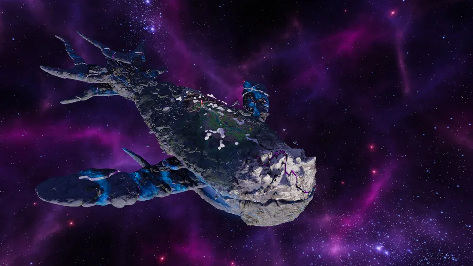 The space whale Kewa drifting through a purple nebula in Beyond These Stars